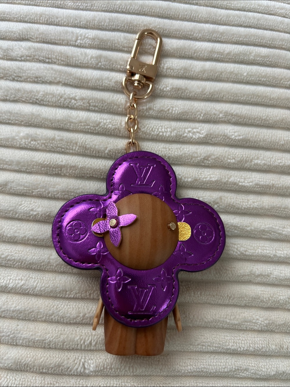 Purple Fleur Wooden Vivi Keychain or Bag Charm. 6” including chain.